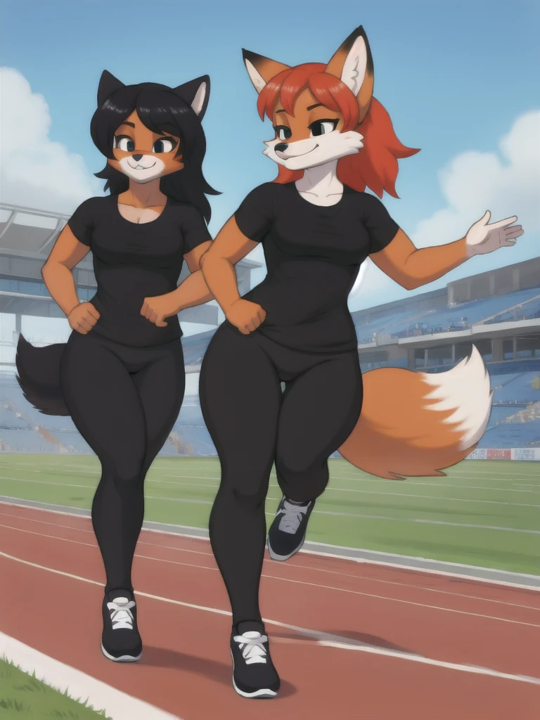 Furry, fox, female, black shirt, black leggings, shoes, running track, friends, full body