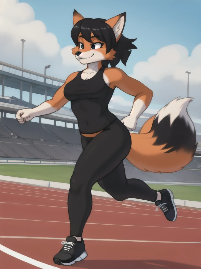 Furry, fox, female, black shirt, black leggings, shoes, running track, friends, full body