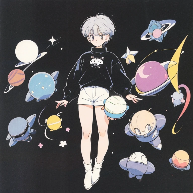 ((a cute girl)),gray hair,medium　short hair,black sweater,full body,flat fill,analogue,1990s,comic,Simple line art,retro anime,many colorful stars,night,space、no gravity,takahashi rumiko,simple、Very cute design、print,Simple Background、Paul Klee、mysterious