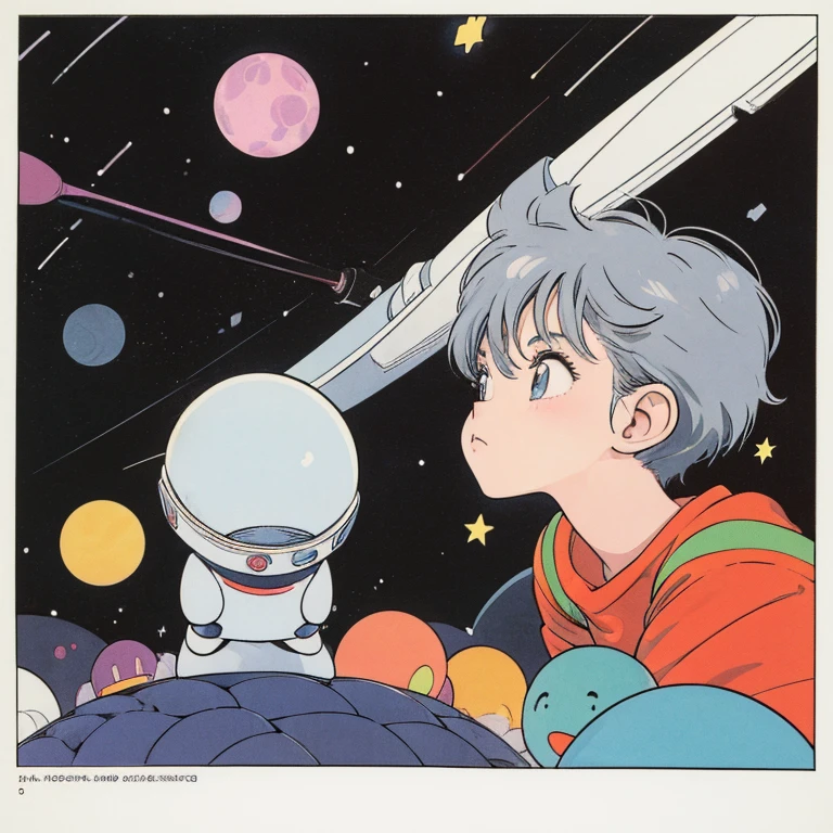 ((a cute girl)),gray hair,medium　short hair,black sweater,full body,flat fill,analogue,1990s,comic,Simple line art,retro anime,many colorful stars,night,space、no gravity,takahashi rumiko,simple、Very cute design、print,Simple Background、Paul Klee、mysterious