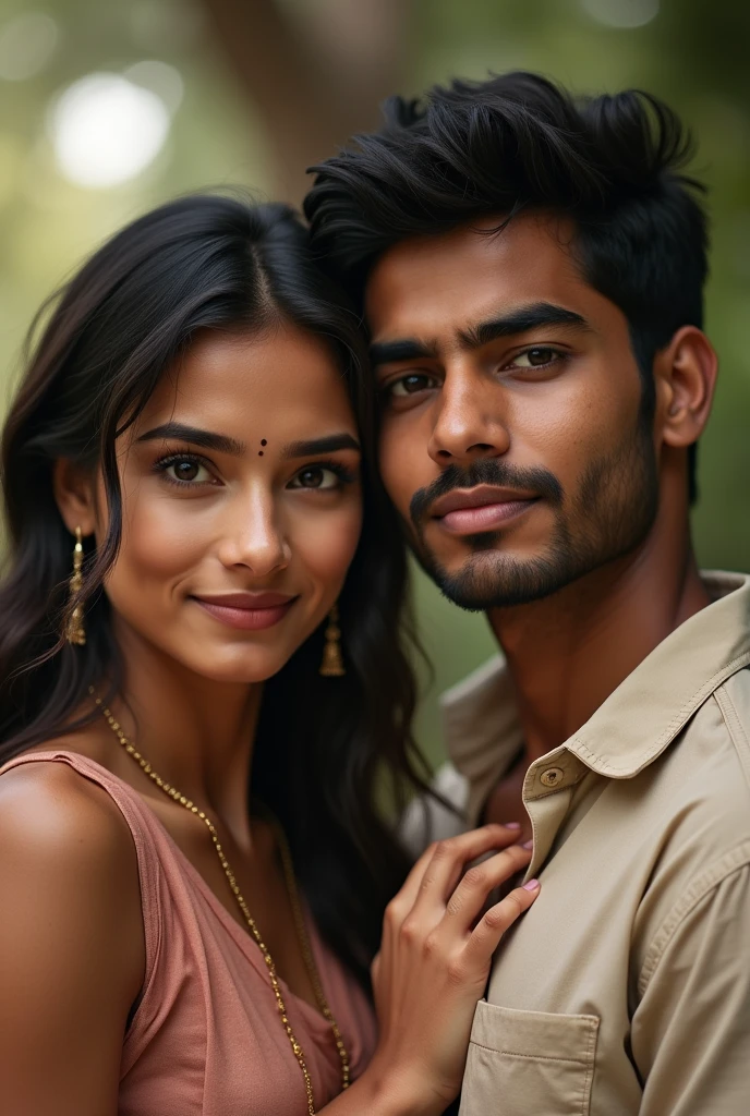 ok, create photo of indian woman, with a slightly large forehead, and a slightly prominent nose, already at his side holding his hand, a young man of the same age 22 with a pretty face, indio