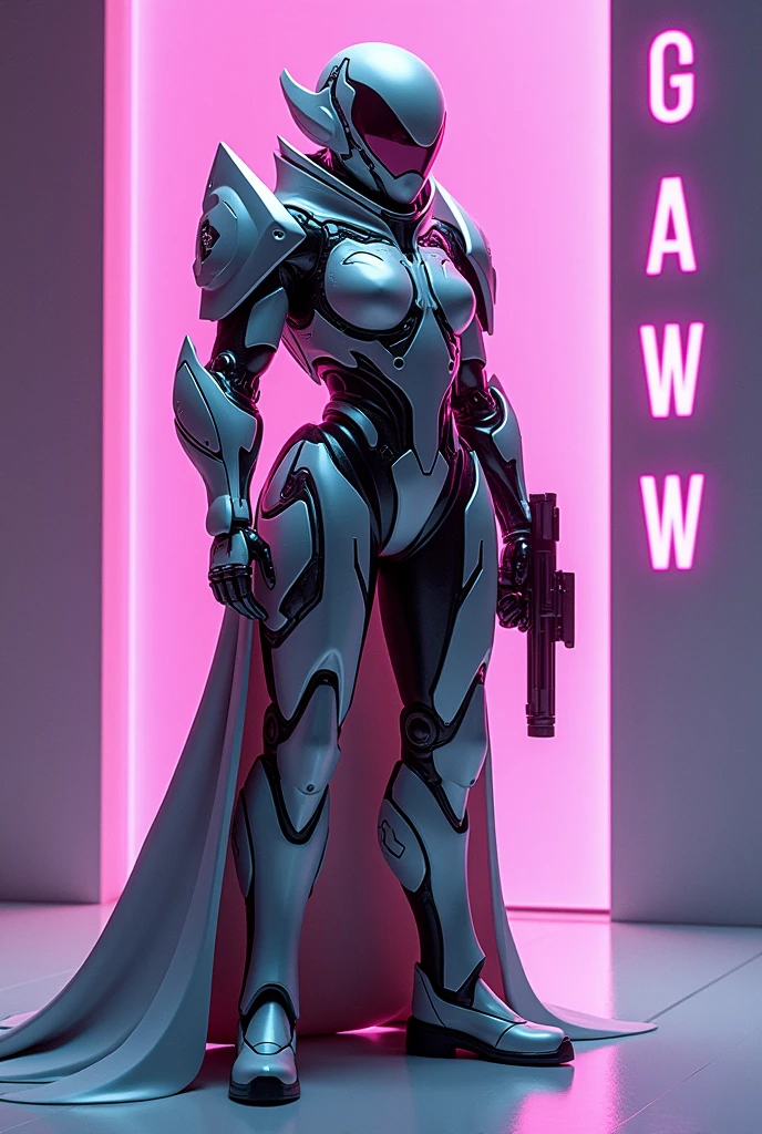 An image of a very flashy and shiny futuristic shooter character with the word Gaw on the right side of the image with colors in between, blackw,branco e roxo 