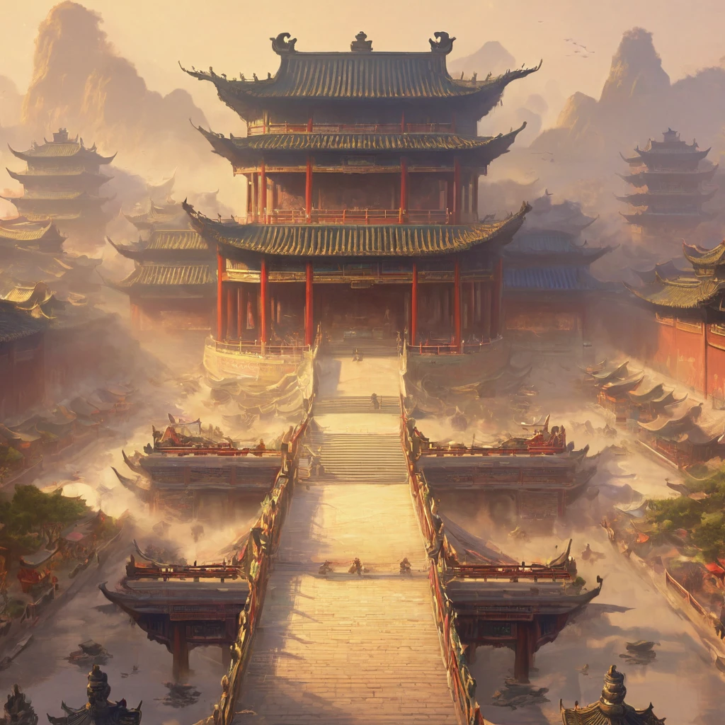 Zhou Dynasty, Chinese Emperor, masterpiece, full-body shot, bridge, Chinese pavilions, Wow_style,