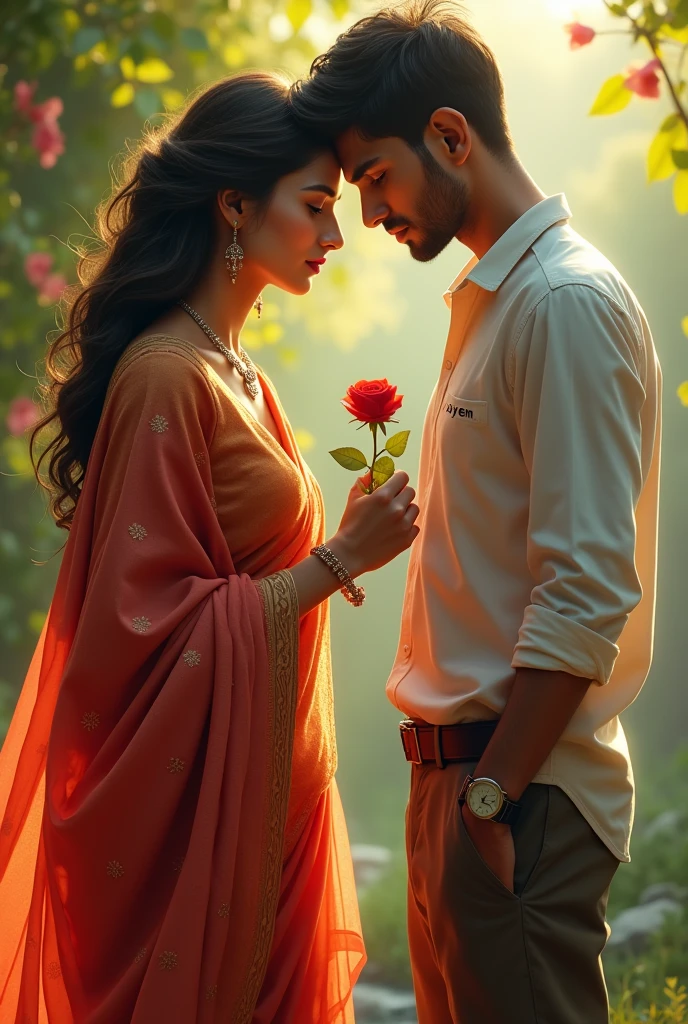 Beautiful girl wearing saree, proposing a boy with rose, the rejecting the proposal, he waer a tie shirt in the Shirt he's name was showed and it was Sayem