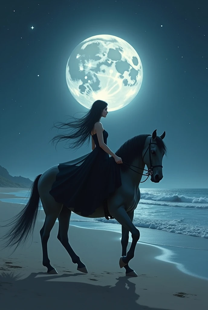 Light skinned woman with long black hair wearing a black dress riding a horse on a deserted beach on a starry night with a full moon