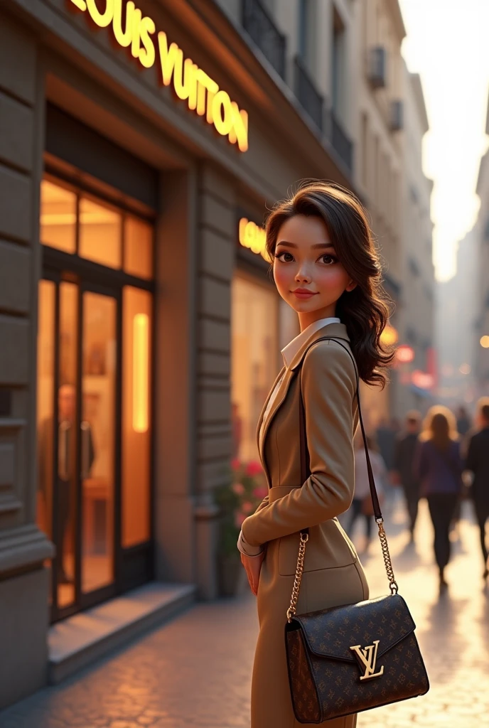 Woman in front of Louis Vuitton store, elegant with her bag, disney pixar style