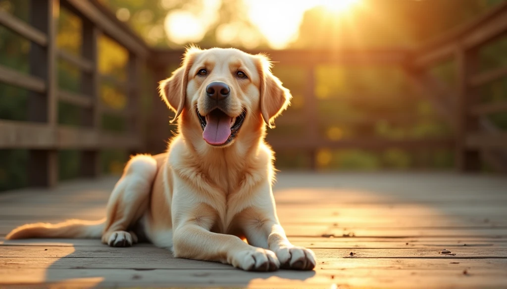 Labrador retriever on wooden deck,Warm sunshine