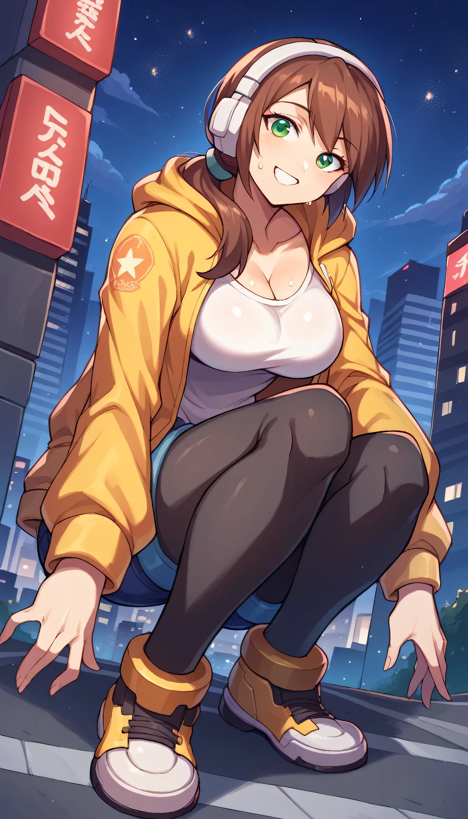 headphones, city, building, skyscraper, cityscape, earmuffs, night, 1girls, female focus, star \(sky\), solo, shoes,  street, city lights, outdoors, sky, hoodie, shorts, starry sky, night sky, sneakers, skyline, hood, road, tower,Looking at the viewer,large breast,breasts, 1girl, breast, solo, smile, sweat, collarbone, upper body, large breasts, close-up,ailezxa,green eyes,brown hair,robot ears,low ponytail 