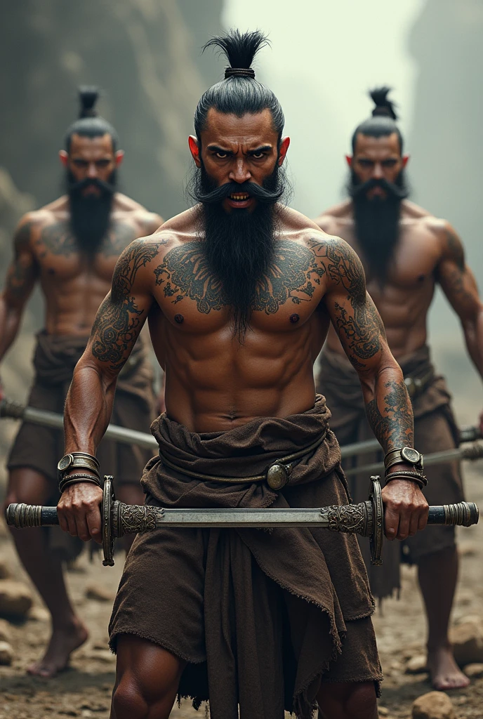 Ancient Thai soldiers have mustaches and fangs, take off their shirts, tattoos, and hold dual swords. 