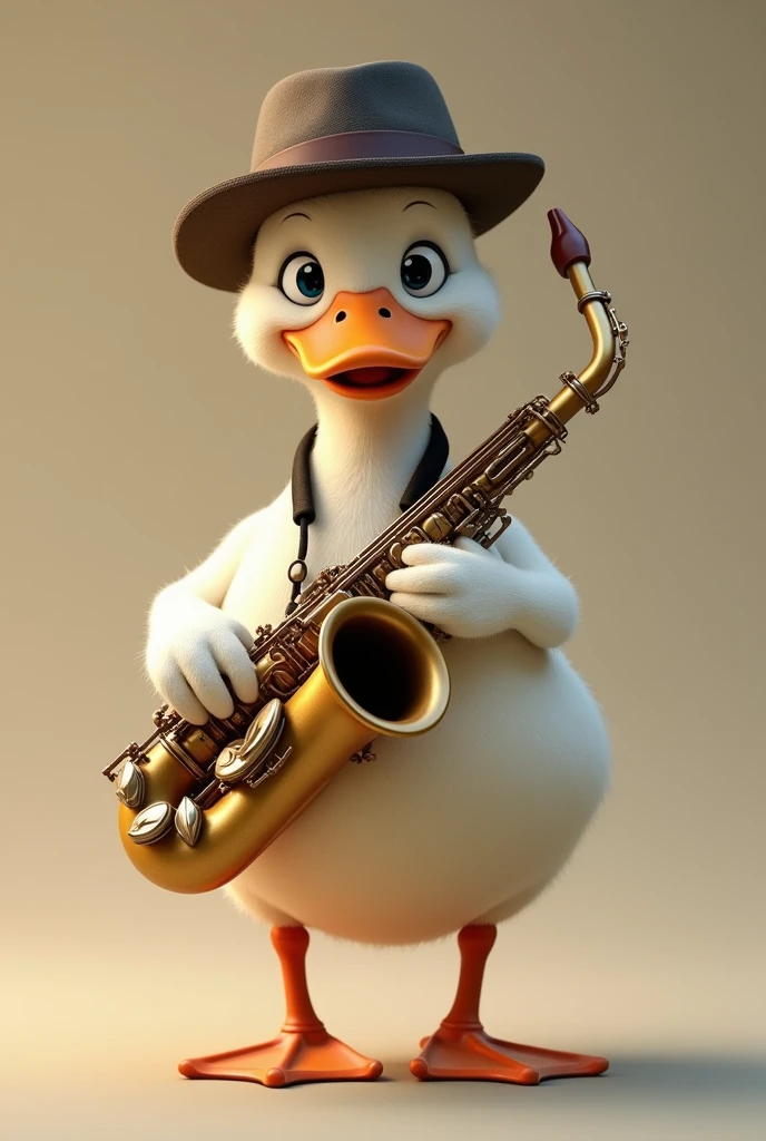 Real-looking duck with an animated twist, with hat playing alto saxophone