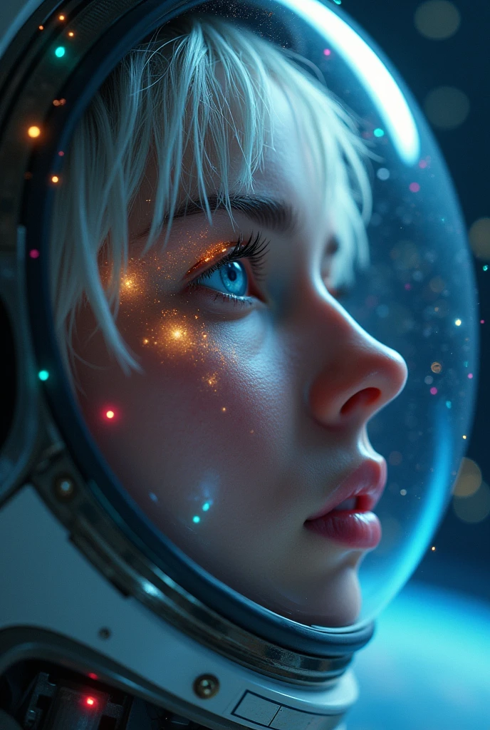 (Close-up of a better masterpiece:1.5)0.9], (Space and astronauts:1.2) (Messy silver hair:1.1) (Heterochromia xanthochromia and blue eyes:1.2) (Space Helmet:1.0) (Colored stars in the eyes:1.0) (A radiant glow:1.1) (thick lips:0.9)