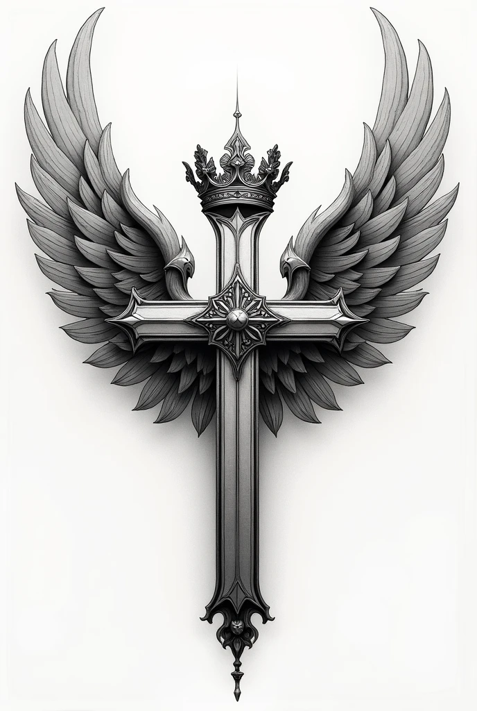 Cross with a crown and wings to tattoo on the abdomen
