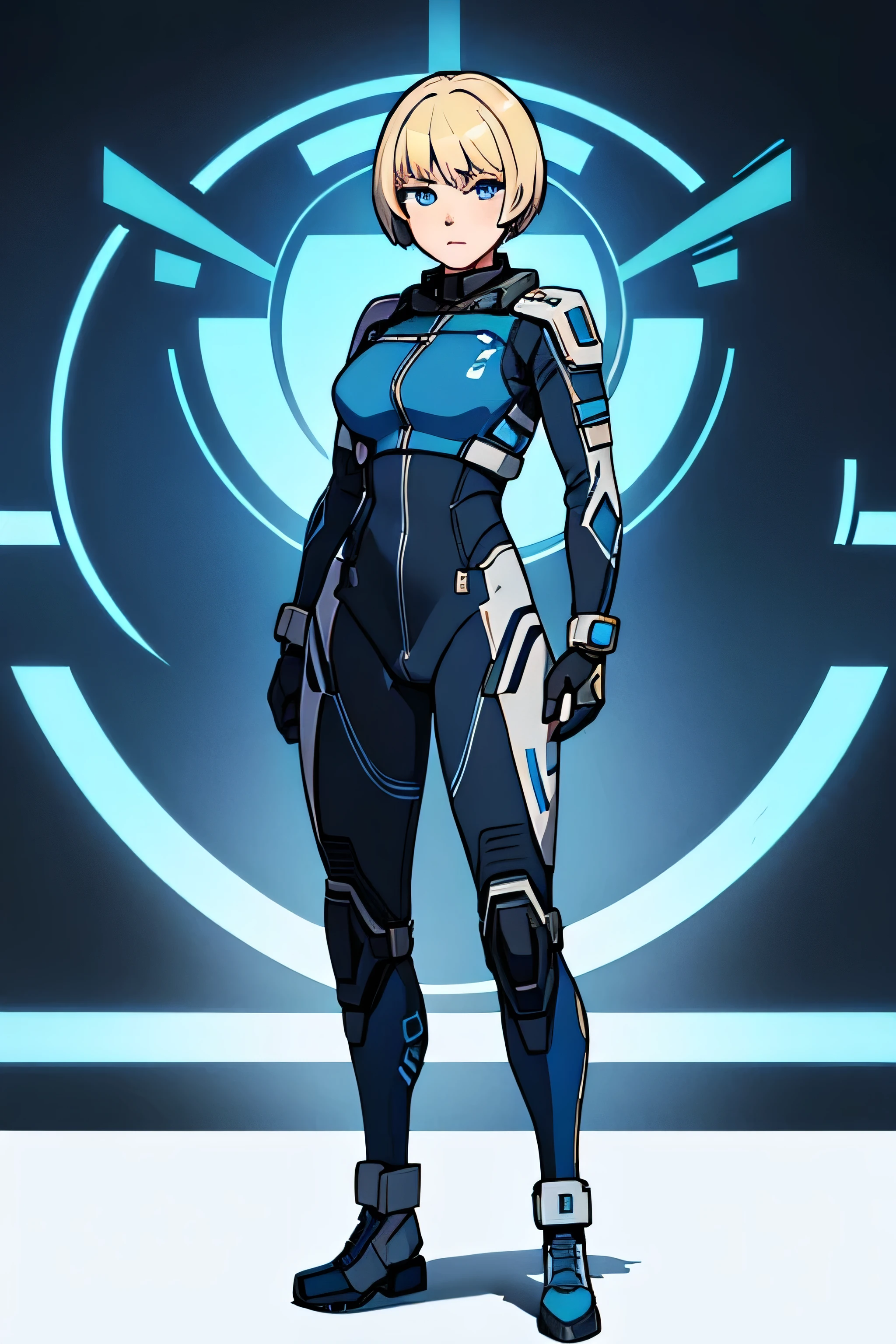 Digital illustration of a young woman of 18 years old with short blonde hair in military style and blue intense eyes. She is wearing a technological military suit. The overall style is clean and detailed, with a focus on the character's confident and composed expression. full body large image