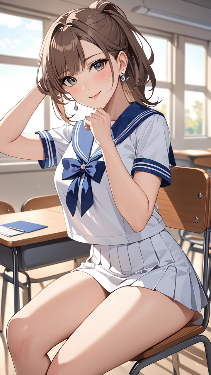 Highest quality masterpiece High resolution masterpiece Brown Bob Grey Eyes, high pony tail cut, wearing sailor uniform, seductive smile, tight, sit on chair, classroom, mature female, adjusting hair, earrings,