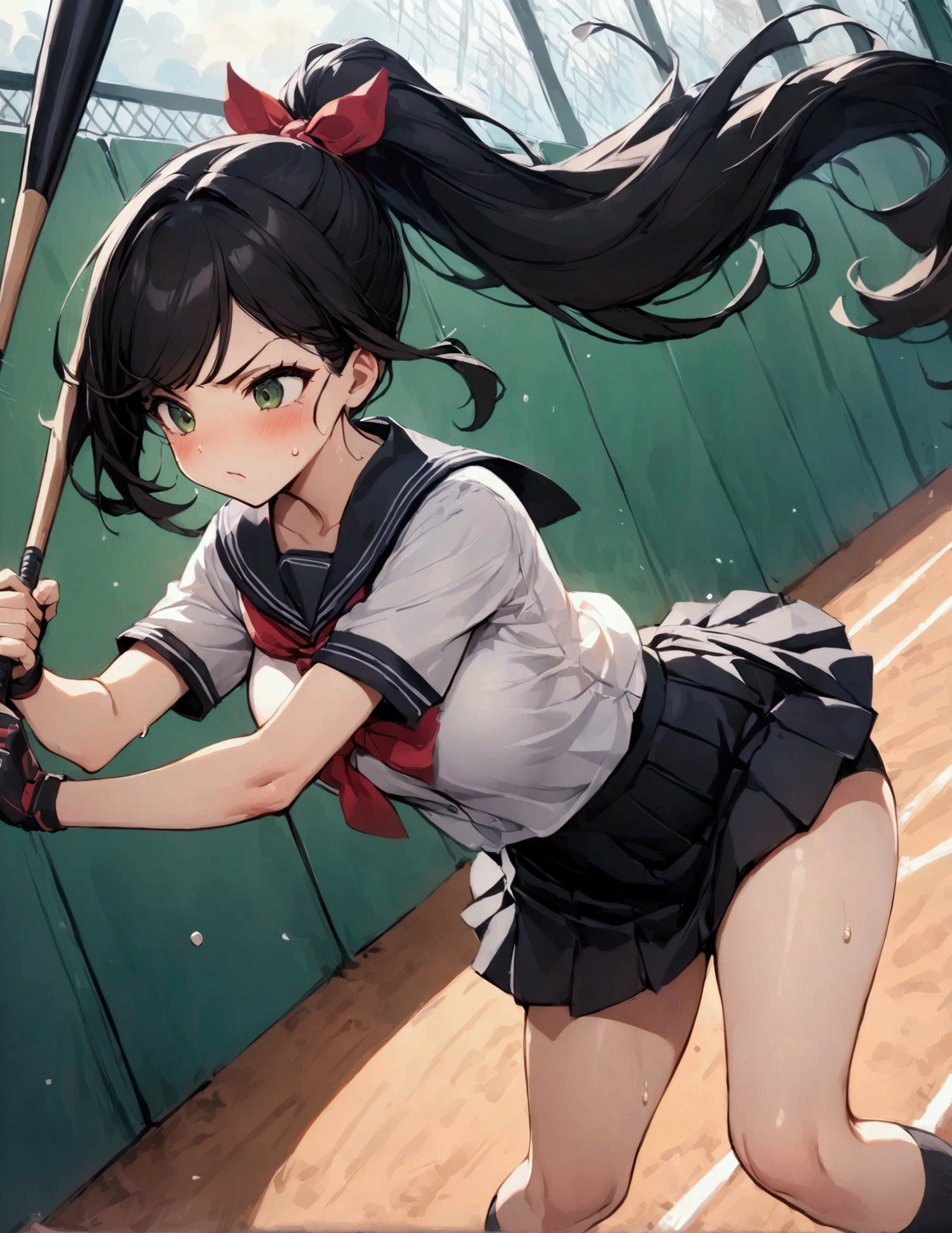 from side,{{Baseball bat-swing:1.8}}．Animated image of a player swinging a baseball bat at a ball,{{action}},{{Baseball bat-swing, skirt flips up, glimpse of black shorts:1.8}},striking out swinging,Black shorts in skirt,Cartoonish ,Line of effect,JK,1girl, solo, athlete body,{{swing a baseball bat:1.8}},Baseball bat,swing,twist,Rotation and twisting of the body,{{masterpiece}}, {{{Highest quality}}},{{Very detailed}},cowboy shot, dutch angle,Dynamic composition, A high school girl is swinging and missing at a batting cage,school uniform,mini skirt,Short sleeve blouse　clavicle　Knee-high socks　 Speed Line　Motion Lines　,Batting Center,Bat,Sweat,Bad mood, be flustered,frustrating,{{v-shaped eyebrows}},Bad mood,blush,Sweat,raise one's eyebrows　,Black Hair,batting glove,Indoor batting center,sidelong glance,Black Skirt,Long Hair,ponytail,Black shorts,Above the baseball batter's box,No one in the background ,Green wall background,motion blur