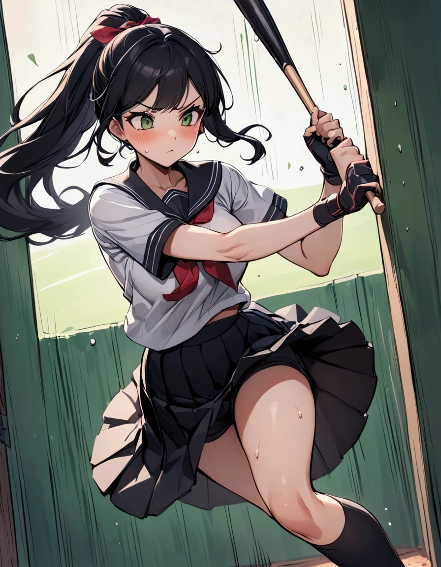 from side,{{Baseball bat-swing:1.8}}．Animated image of a player swinging a baseball bat at a ball,{{action}},{{Baseball bat-swing, skirt flips up, glimpse of black shorts:1.8}},striking out swinging,Black shorts in skirt,Cartoonish ,Line of effect,JK,1girl, solo, athlete body,{{swing a baseball bat:1.8}},Baseball bat,swing,twist,Rotation and twisting of the body,{{masterpiece}}, {{{Highest quality}}},{{Very detailed}},cowboy shot, dutch angle,Dynamic composition, A high school girl is swinging and missing at a batting cage,school uniform,mini skirt,Short sleeve blouse　clavicle　Knee-high socks　 Speed Line　Motion Lines　,Batting Center,Bat,Sweat,Bad mood, be flustered,frustrating,{{v-shaped eyebrows}},Bad mood,blush,Sweat,raise one's eyebrows　,Black Hair,batting glove,Indoor batting center,sidelong glance,Black Skirt,Long Hair,ponytail,Black shorts,Above the baseball batter's box,No one in the background ,Green wall background,motion blur