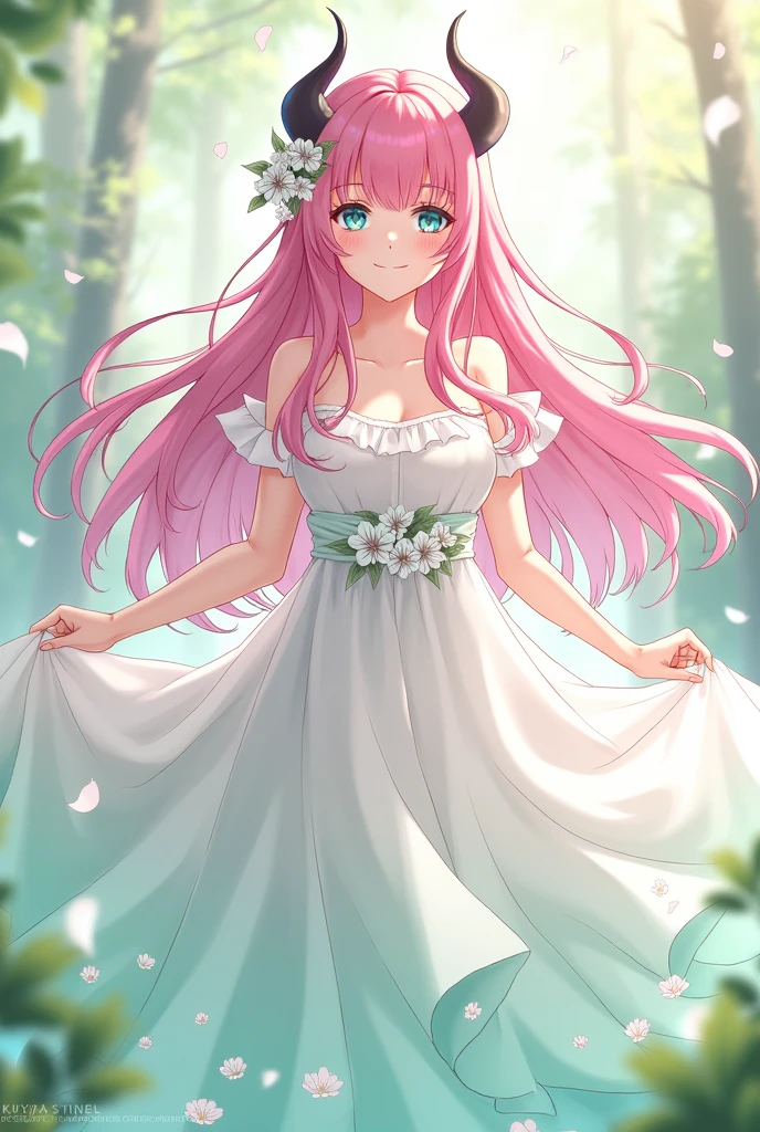 Kimetsu no yaiba screenshot Girl long pink hair, white petal dress with light green fading, blue eyes, horns with blur, with a happy smile