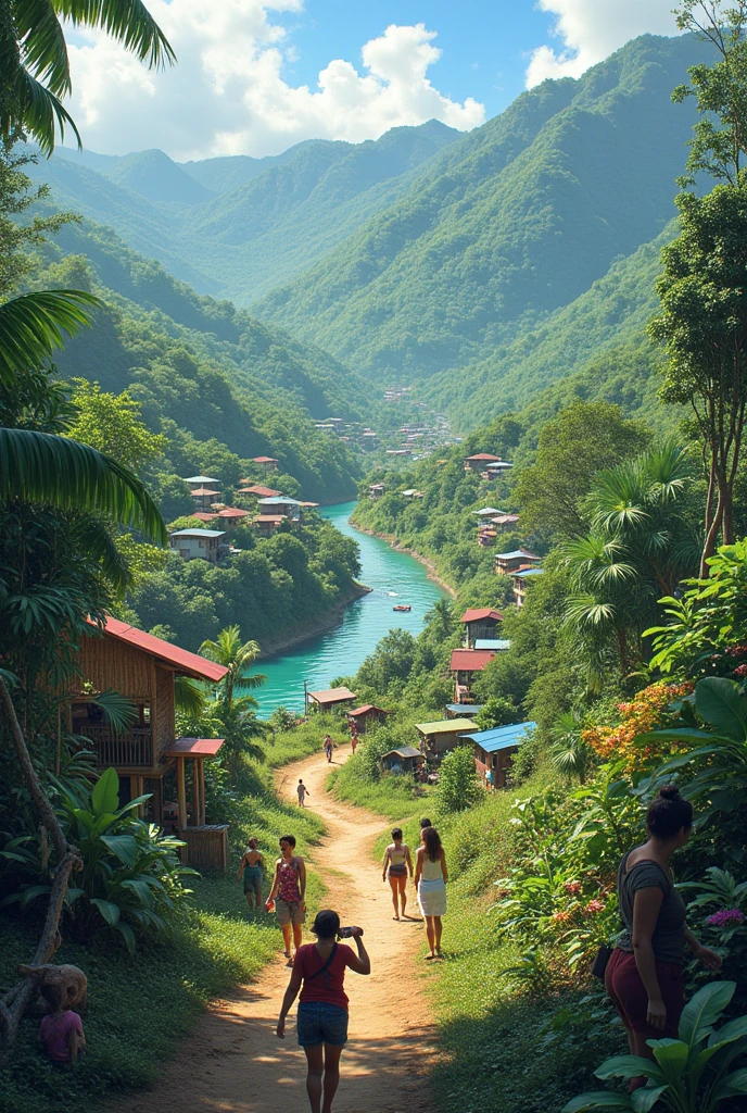 Create an image to draw about the province of Chiriqui in the Baru area with the following geographical factors:
Climate
Soil
Water
Land
Relief
Vegetation
Other factors:
Health
Security
Economy
Education
Public services
Transportation