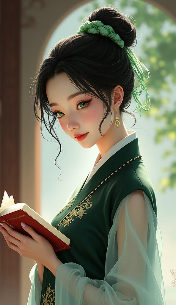 black hair,china dress,black and white china dress,smile,(white bun_cover), green eyes, green hair_ribbon,holding book,