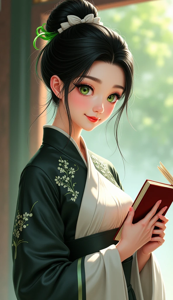 black hair,china dress,black and white china dress,smile,(white bun_cover), green eyes, green hair_ribbon,holding book,