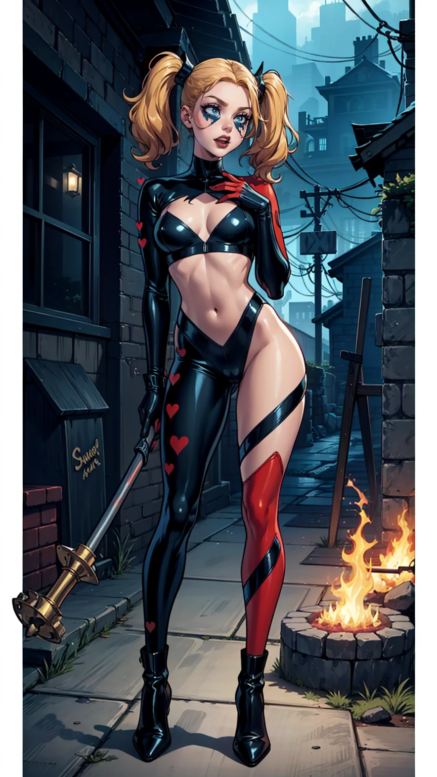 ((Full body photo, standing, feet on the floor)) Harley Quinn, sexy woman,DC Comics,Small,harlequin costume, red and black, dressed in a red and black harlequin costume, he has his big hammer in his hand, red hearts letter, joker card, young, super skynny body, Small and beautiful buttocks, toned abdomen, small and beautiful breasts, gloves, Boots, pose sexy, malevolent, obscene, powerful, super sensual, whole body, Dramatic background, In the background is Arkham Asylum on fire, apocalyptic atmosphere, joker, sensual look, beautiful blue eyes, classic two pigtails hairstyle,Hair dyed in bright blonde color, Best quality,4k,8K,A high resolution,Masterpiece,Ultra detailed,realistic, photorealistic,photo realistic
