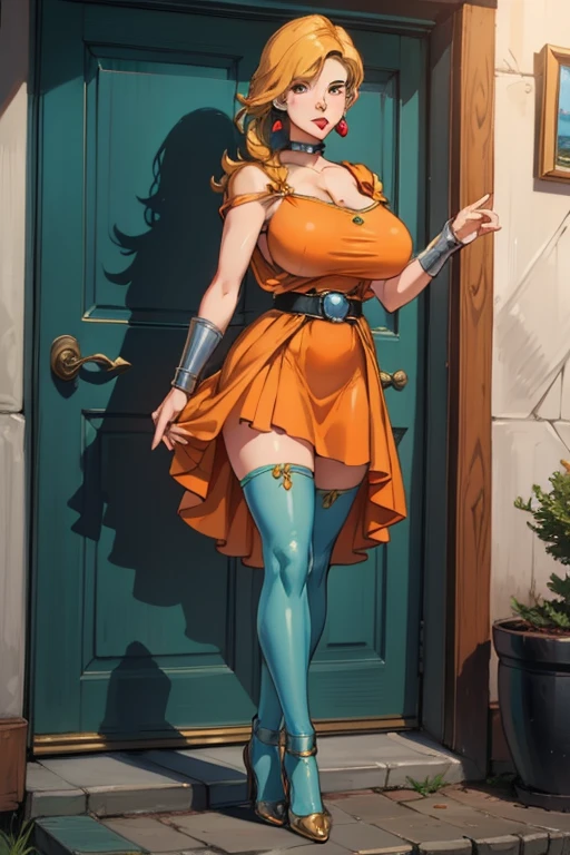 masterpiece, of the highest quality, dq blanca, single sheet, earrings, choker, orange cape, (green dress), belt, socks, heels, looking at the viewer, big breasts,  stockings, hig heels, gigantic breasts