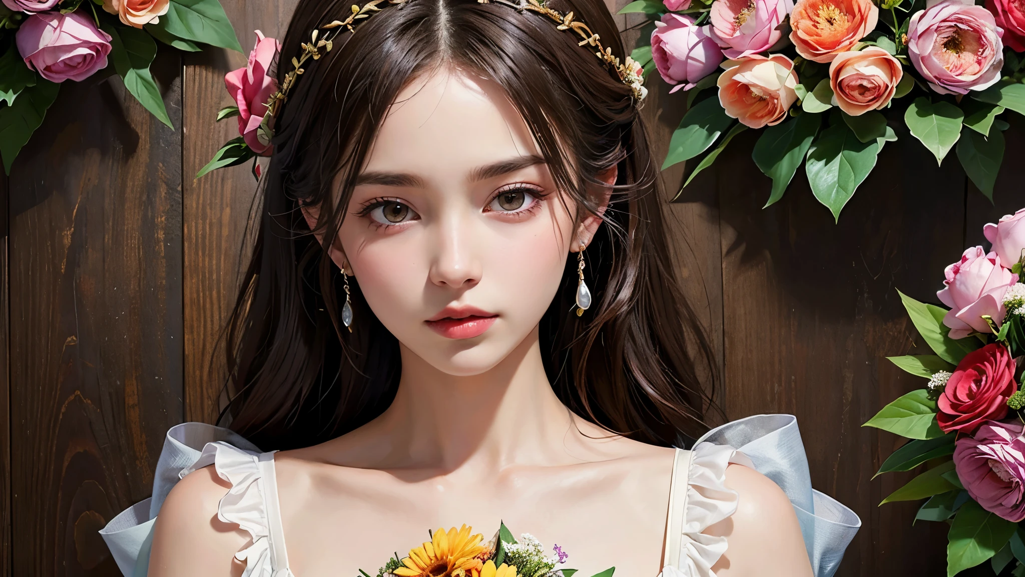 (ultra-Detailed Background, Detailed Background), Absurd, High resolution, Super detailed, Very detailed, One girl, (bouquet:1.3), (Tangled:1.2), (Geometric:1.2),(colorful),