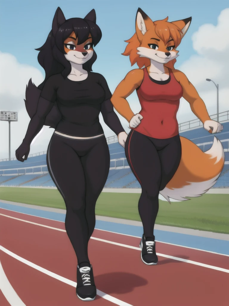 Furry, fox, female, black shirt, black leggings, shoes, running track, friends, full body