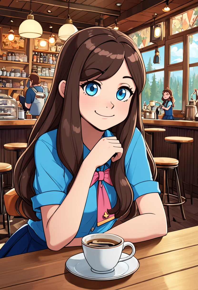 Girl, Mabel pains, gravity falls, reverse falls, reverse mabel, brown hair, long hair, blue shirt, tights, blue skirt, short skirt, blue shoes, blue eyes, blue bezel in hair, confident smile, arrogant look, sitting in a cafe, view down