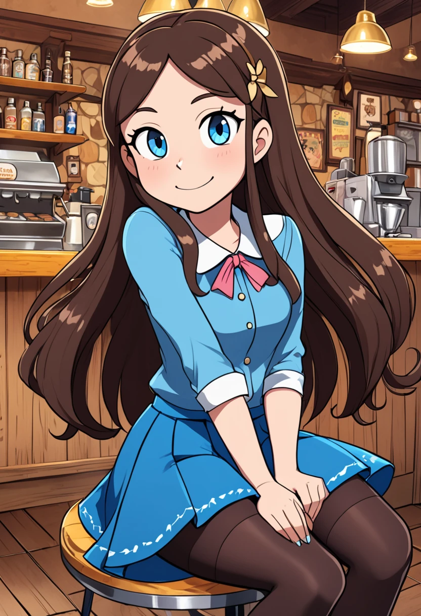 Girl, Mabel pains, gravity falls, reverse falls, reverse mabel, brown hair, long hair, blue shirt, tights, blue skirt, short skirt, blue shoes, blue eyes, blue bezel in hair, confident smile, arrogant look, sitting in a cafe, view down 