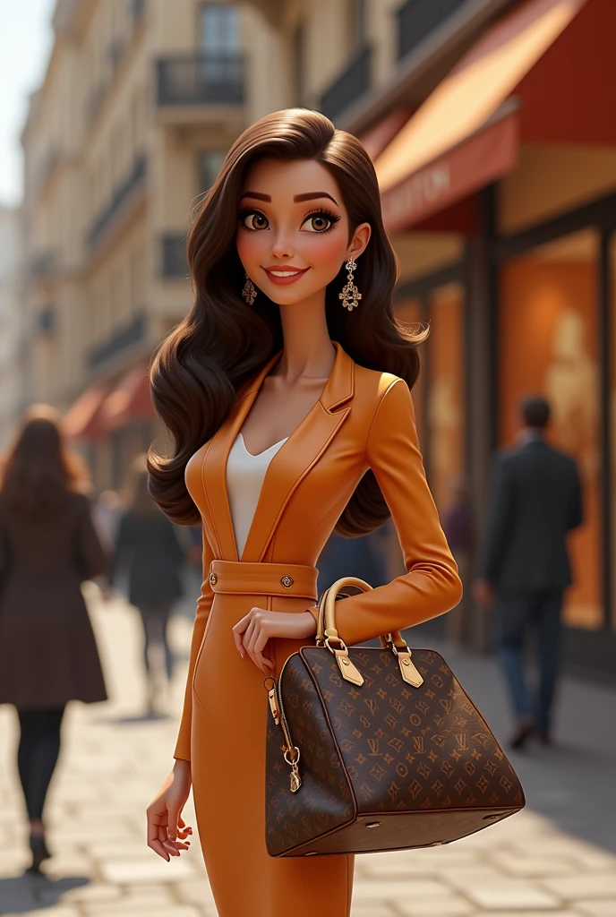 Woman in front of Louis Vuitton store, elegant with her bag, disney pixar style