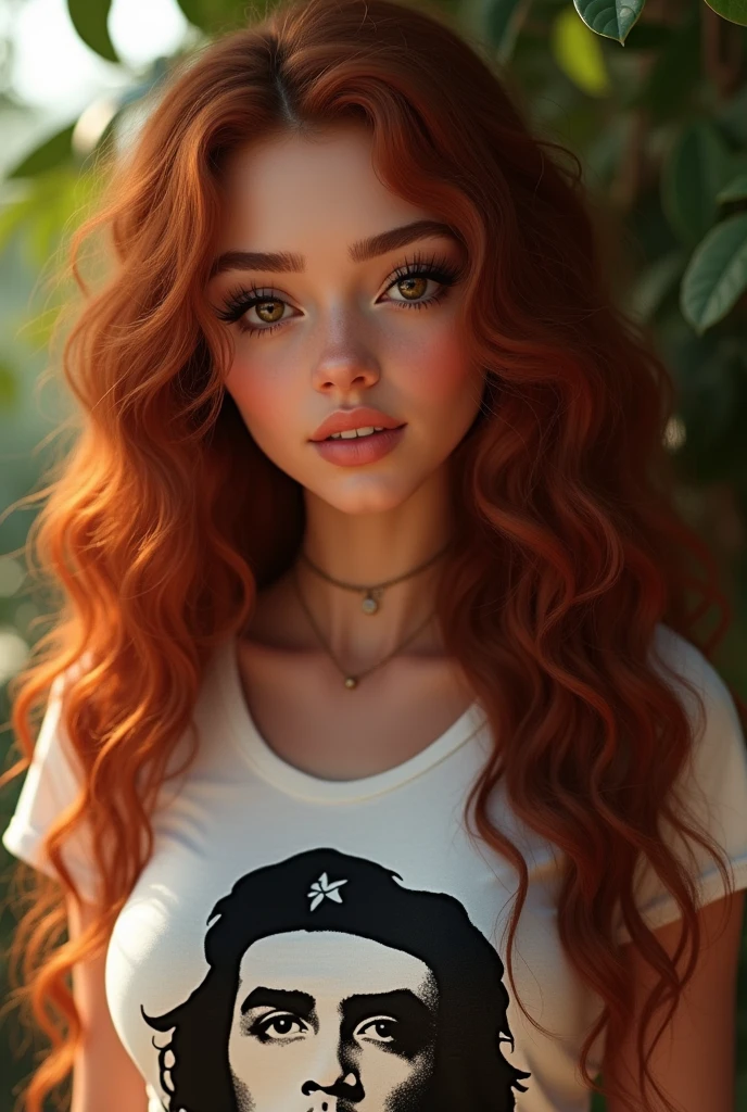 A white Brazilian woman with her hair dyed a natural dark copper red, very long and very curly, not voluminous, rosto angelical, chubby and round face, very beautiful, eyes browns, small and round mouth, slightly large cheeks, round eyes, big eyelashes, small and cute nose, round chin, sculptural body, wears well-defined eyeliner and a Che Guevara shirt.