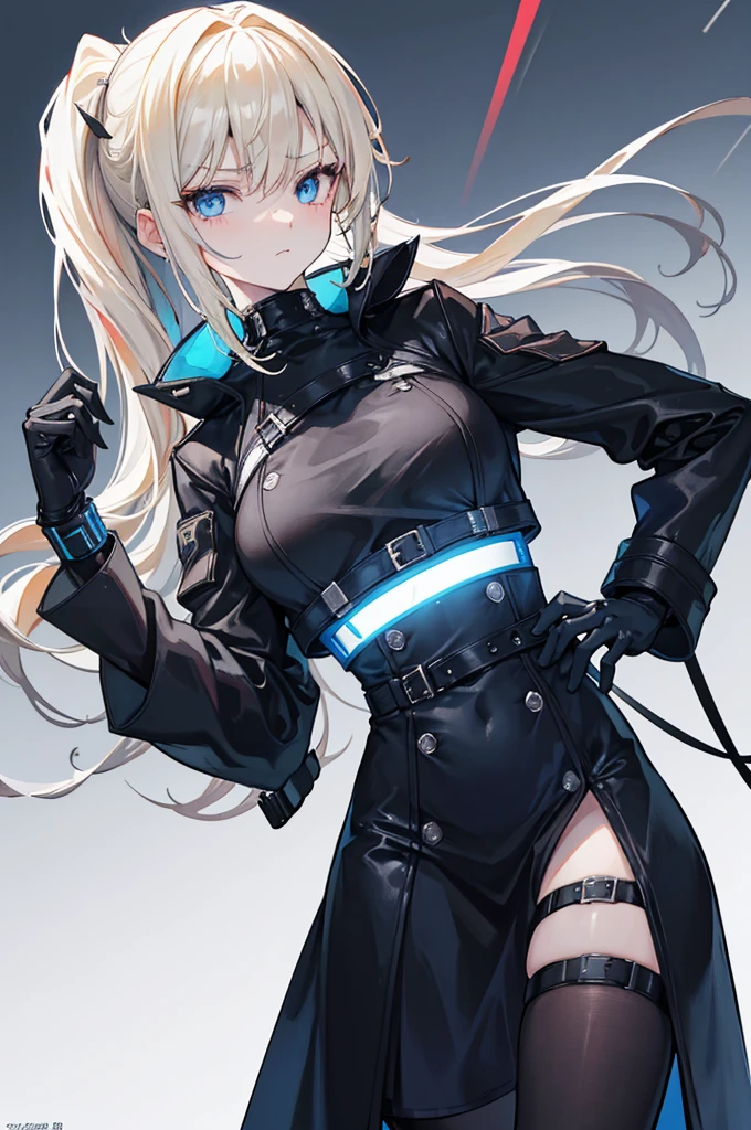 초상화, Face_through_torso, A female character with light blonde hair styled in a long side ponytail that falls over her left shoulder. She has sharp, icy blue eyes with a cold, cynical expression, reflecting her weary and jaded nature. Her eyes are half-lidded, conveying a sense of fatigue. She wears a black trench coat that reaches down to her thighs, with a white armband on her left arm. The overall outfit has a slight cyberpunk aesthetic, featuring sleek, futuristic elements like metallic accents and high-tech fabric. She holds a smartphone in one hand, exuding an air of detached efficiency and calculated coolness.