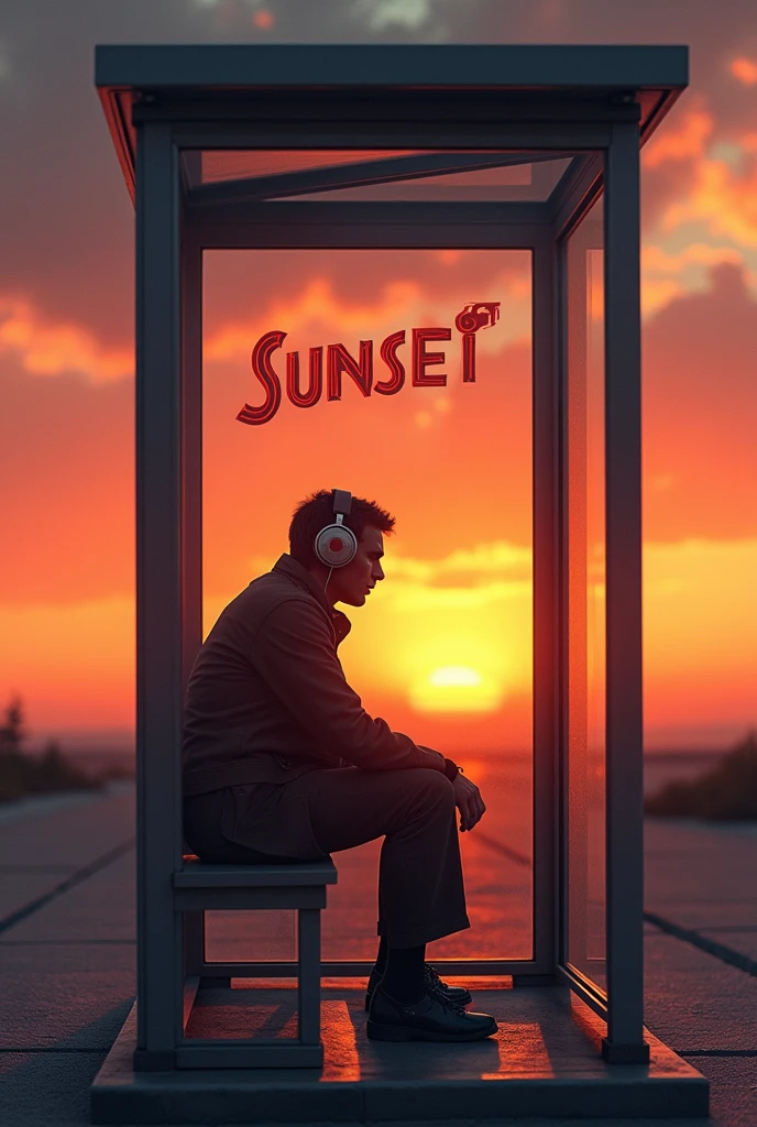 A music album cover written Sunset on glass in 60s font with A man with headphones sitting on a glass bus stop at sunset with a wide view