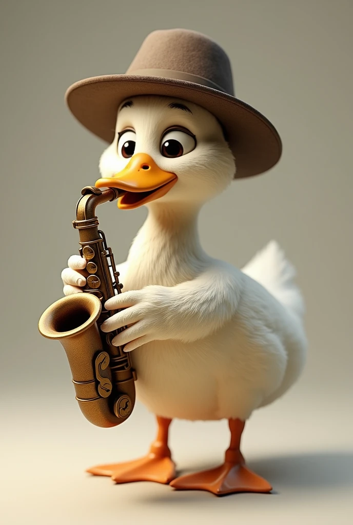Real-looking duck with an animated twist, with hat playing alto saxophone