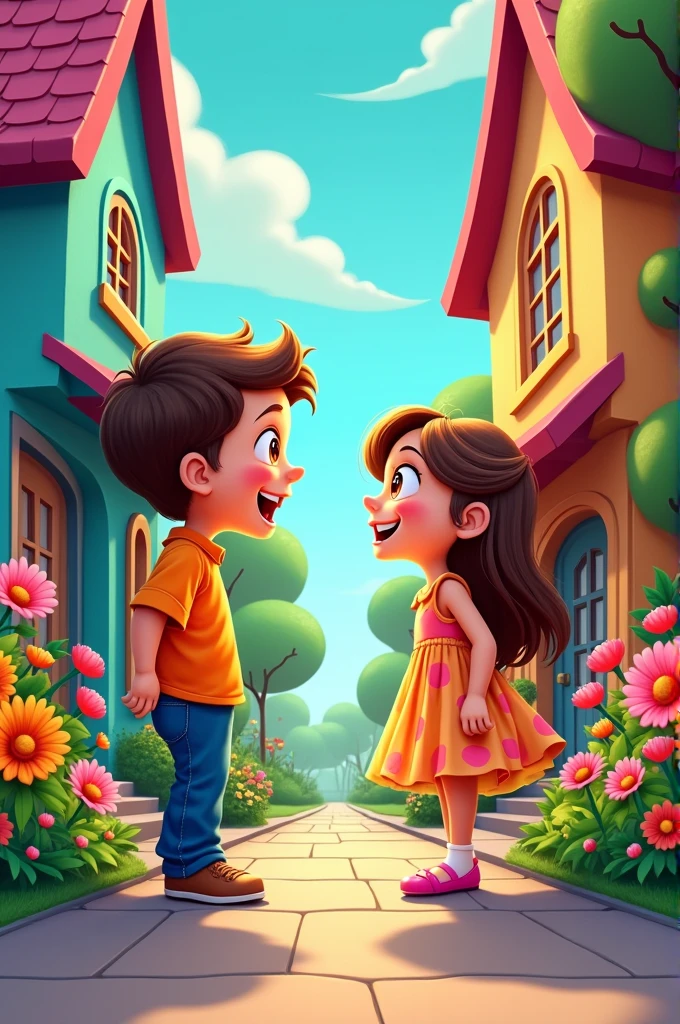 clearing, here is a description adjusted to a cartoon style:
---
**Image Description (style cartoon):**
In a lively condominium, two colorful houses are located directly opposite each other, separated by a narrow road. Each home has a vibrant, over-the-top style, with shiny facades and gardens full of exaggeratedly large and colorful flowers.
In front of the house on the left, a cartoon boy is standing in the garden. He wears a brightly colored shirt and jeans, and his look is exaggerated with a great expression of surprise and curiosity. Your eyes are big and bright, and his mouth is slightly open, as if he were enchanted by what he sees.
In front of the house on the right, a cartoon girl is in the garden, wearing a colorful, flowing dress. She also has an expression of enchantment, com olhos grandes e brilhantes, and a radiant smile. She is leaning forward a little, as if she were equally fascinated by the boy across the road.
The road between the houses is simple, with some cartoonish trees and flowers, all with bright colors and rounded shapes. Both characters are looking at each other with great interest and a hint of exaggeration., typical of cartoons.
---