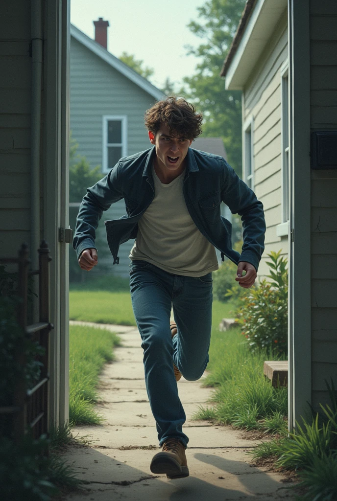 a young man from the back running like fear out of a house