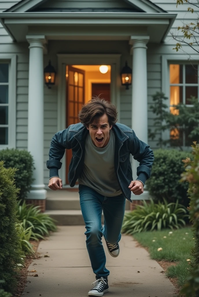 a young man from the back running like fear out of a house