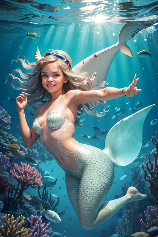 A sexy young 13-yr old Australian  charming girl Full body detailed anatomy, perfect face details,((brown skin tone texture)) (( wearing illuminating a shark head band))(( wearing transparent  illuminating shark mermaid costume sexy full body detailed anatomy )), wearing illuminating  transparent one piece shark detailed on skin, wearing scally shark like skin texture body, lifting up plump pussy , wavy short illuminating green gemstone hairstyles from the flow water, ((having shark fin tails instead of toes))( shark fins ears))(shark skin arms, torso, bottom, face, neck, shoulder & legs))((showing face near camera)) (accurate details of hands & fingers)) Exposed hard big errect nipples, open legs squat position, exposed pussy line, exposed panties, exposed pussyline, smiling with teeth exposed. Sparkling gray eyes, charms, face details & fucos skin texture colored white, swimming under the  atmosphere ocean wave and air bubles different lighting effects around the background, showing corals, urchins, fish, turtle, whale, bubbles of air for accurate background masterpiece ((with illuminating transparent crystal gemstone shark like scales skin textured all over her body)) ((with gills))((holding a treasure trident)) full details of accessories and props))swimming with ocean current waves under the sea,( many different perspective view character profile, front view, side view, rear view, of same face & clothing girls posing deferent angle))(( perfect details of mermaid body and tail fin anantomy))