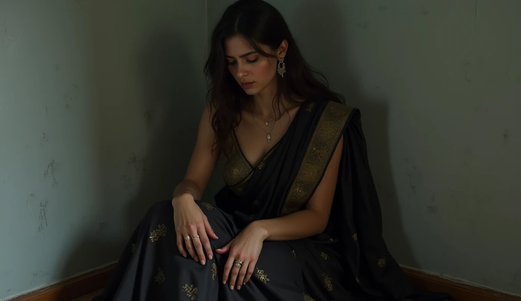 Beautiful girl with big breast, wearing black saree, high deep neck blouse, crying in corner