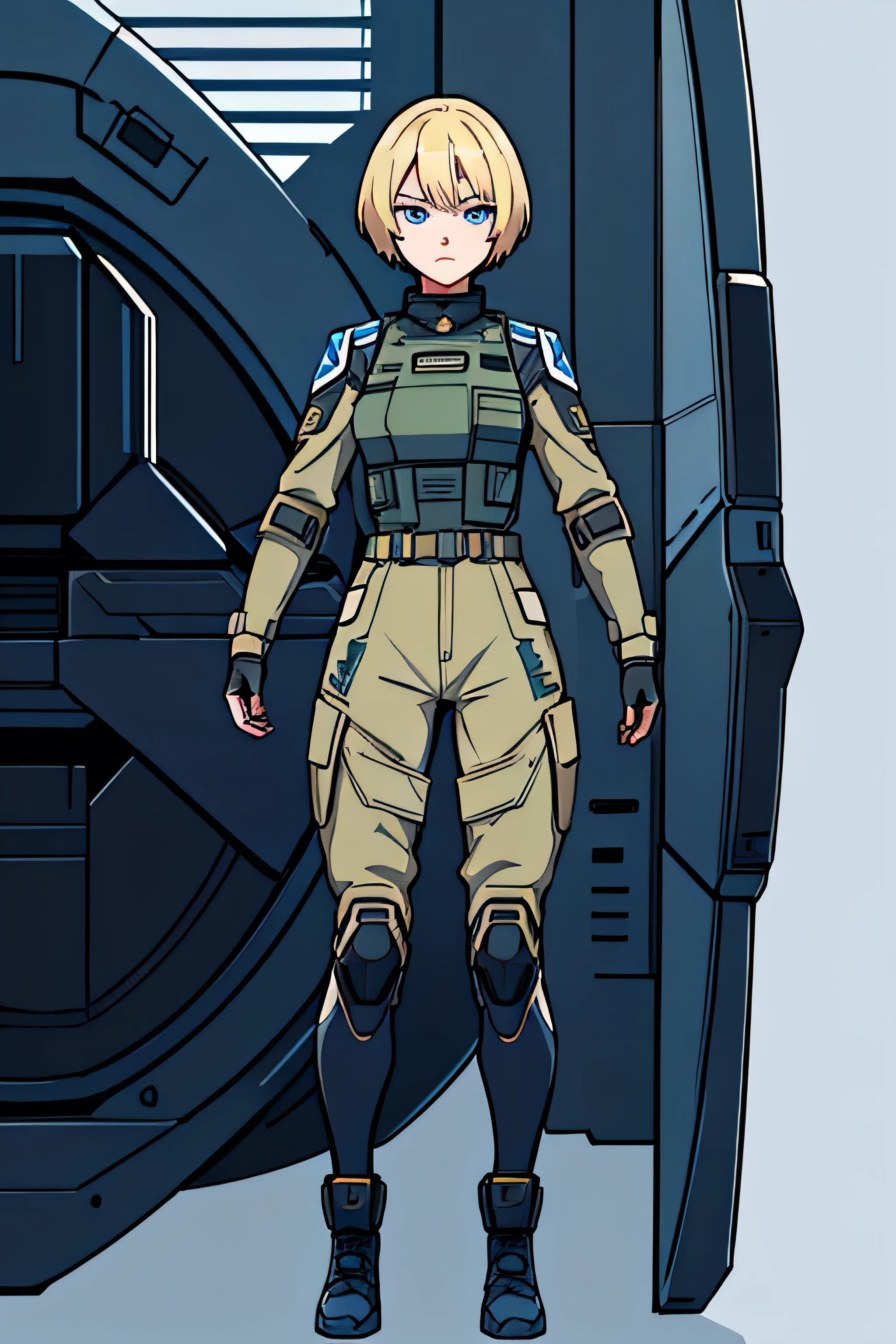 Digital illustration of a young woman of 18 years old, 1.81 height, with short blonde hair in military style and blue intense eyes. She is wearing a technological military suit. The overall style is clean and detailed, with a focus on the character's confident and composed expression. full body large image
