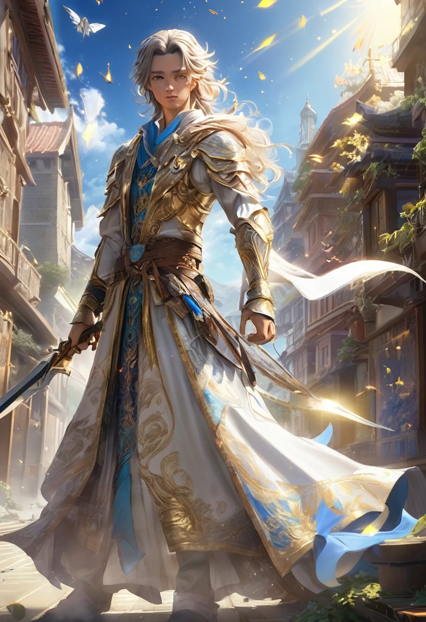 masterpiece，1 male，aldult，Beautiful face，young，advanced，Antique theme，Fairies，Ancient costumes，holding sword，Sunlight，street，Long hair flying，Sunlight，Background style，breeze blowing，Loose robe，fantasy landscape，Starlight around the character，（whole body），(first-person view, pov, UHD, retina, masterpiece, ccurate, anatomically correct, textured skin, super detail, award winning, 8k)
