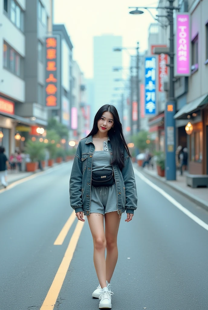 (full body shot:1) photorealistic image of a woman, ultrarealistic, photography, straight long black hair, asian woman, beautiful cute sexy asian 20 years old woman, hourglass figure, perfect body, Flirty look, natural big breasts, long eyelashes, cat eye make-up, double eyelids, sexy pose, erotic pose, seductive pose, big breasts,  big tits , she wears a jacket, romper, fannypack , sneakers, beautiful smile,  korea