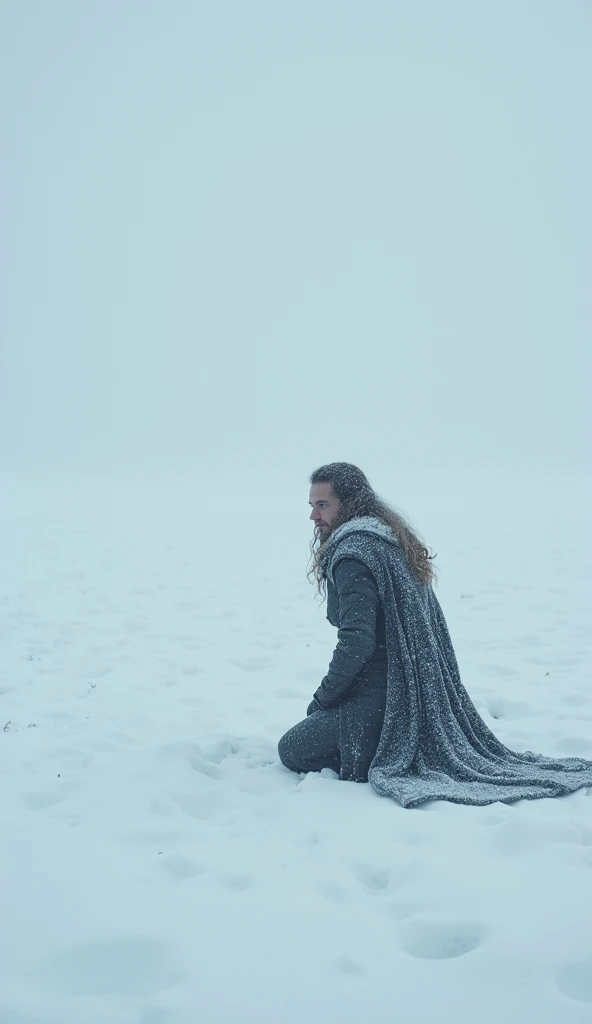 A vast snowy field, Mysterious warrior, long wavy hair, Walking aimlessly, 8k, The snow is fluttering.. lonely, Recluse, Have your knees on the floor