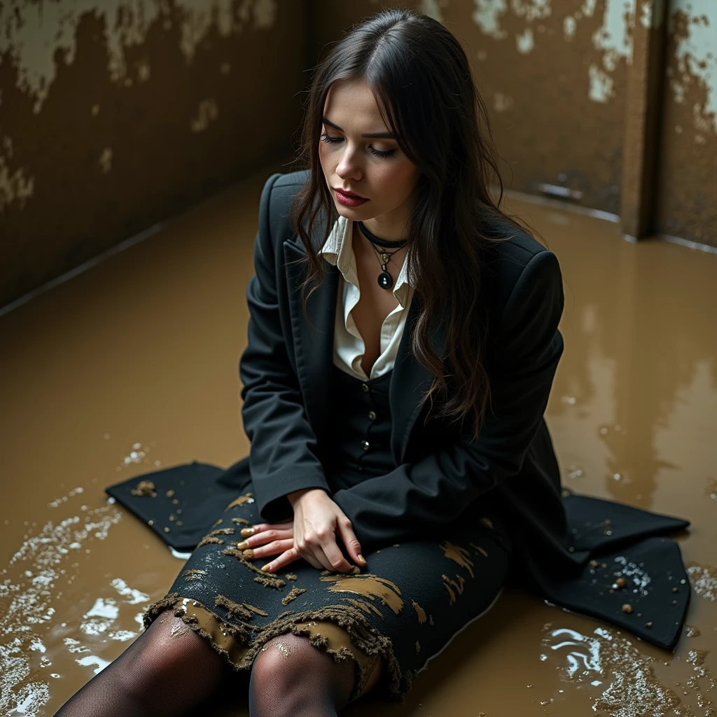 A super realistic photo of one slender business goth lady, model-like appearance with long hair. She is dressed in a long and black and ripped business pencil skirt made from cotton fabric, black and muddy and torn business jacket made from cotton and wool fabric. black business vest, white muddy shirt, stockings, black choker on the neck. She located in very muddy and very flooded office. She sitting in flirtatious and modest pose, deep in the water and liquid mud, dips her head in the liquid mud and ripped her clothes, smear a lot of liquid mud on own clothes and torn it by hand. She keep chunks of her torn clothes in hands crumpled and muddy. All her clothes is muddy, torn, ripped and sloppy, her black business pencil skirt and jacket are very stained in a liquid mud and dirt. She look like have played in mud in a large swamp with brown liquid mud, her clothes covered with liquid mud from head to toe. The studio light brilliantly illuminates all her clothes in details, casting small shadows and emphasizing the texture of the mud on her clothes. Please focus on stains of liquid mud on her clothes. View angle of the camera from top and left from the business lady.