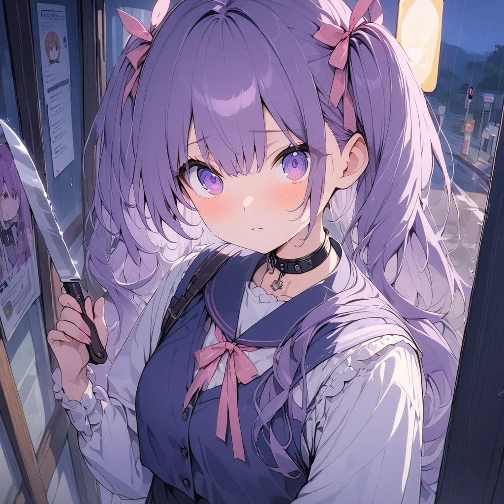 (((anime))) In front of the bus stopに立っている1人の女性,Woman is looking upwards,Holding a knife,Trying to stab my own throat (Purple Hair),Twin tails,Jump outside,Attach feathers to the base (Purple eyes), White dress shirt,has a collar,Navy blue vest,Light pink ribbon,White Line,Black long skirt in the rain,In front of the bus stop,Stuffed rabbit,Tattered,night,star masterpiece,Highest quality,Exquisite,8k,Absurd,Ultra-fine illustrations,(View your viewers)