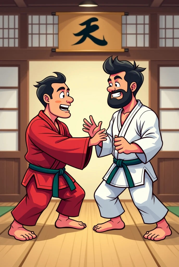 Cartoon style illustration of martial artists greeting each other in a dojo 