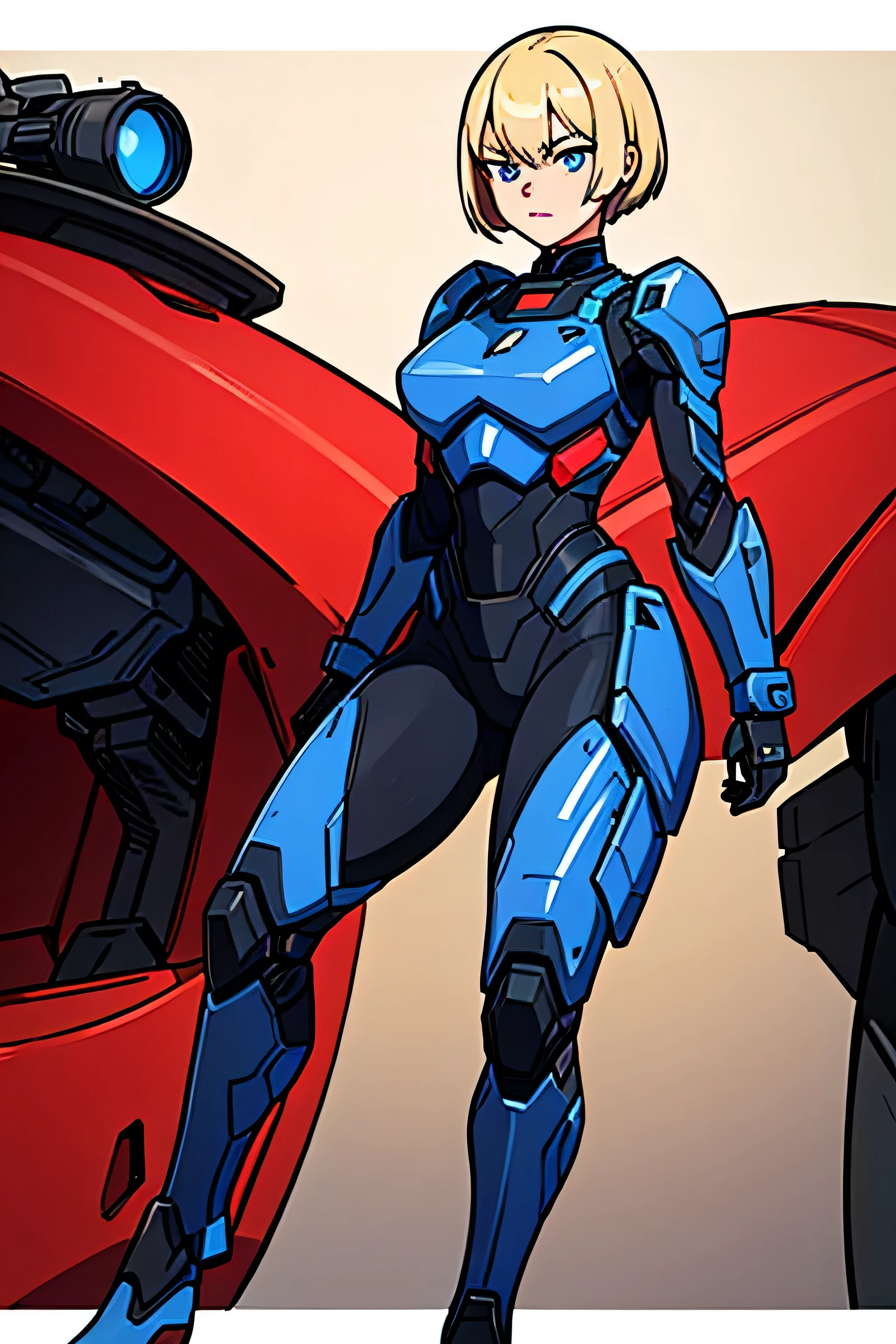 igital illustration of a young woman of 18 years old, 1.81 height, with short blonde hair in military style and blue intense eyes. She is wearing a technological military suit armor in black and red details. The suit style is clean and detailed, with a focus on the character's confident and composed expression. full body large image