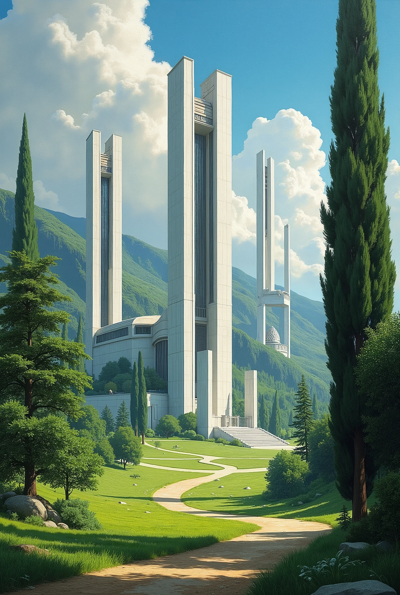 estilo Ralph McQuarrie, greek architecture done in a sci-fi style on a lindo forest and meadow scene with tall buildings and open green spaces, pintura a óleo, lindo, Altamente detalhado