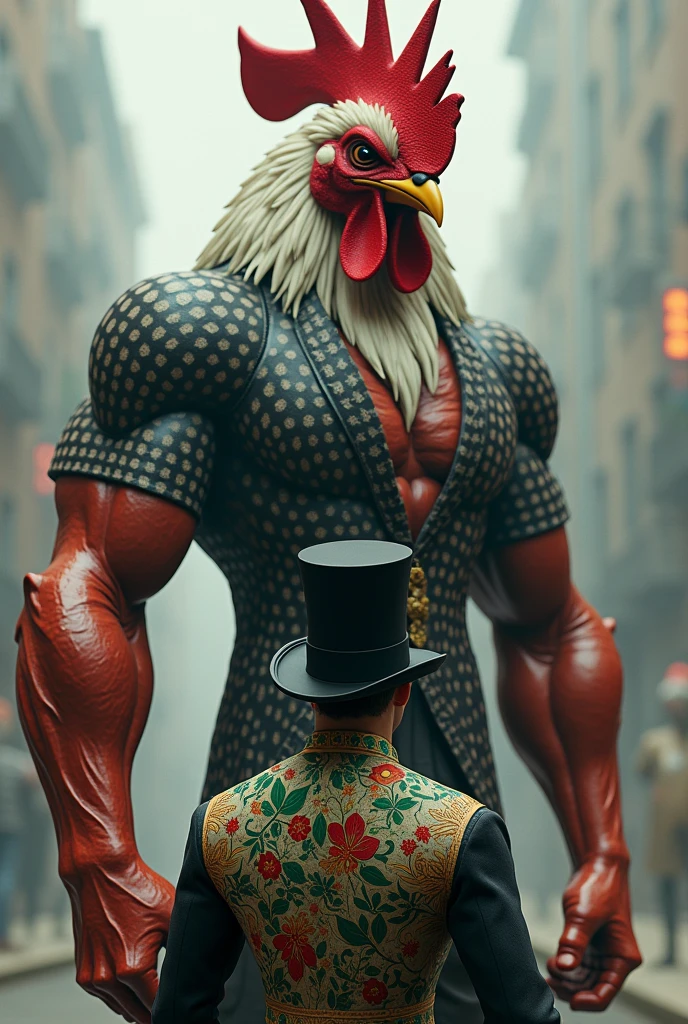 strong and avenging rooster on a human body wearing a black and white blouse staring at a man who is wearing a top hat and wearing a green red and white blouse